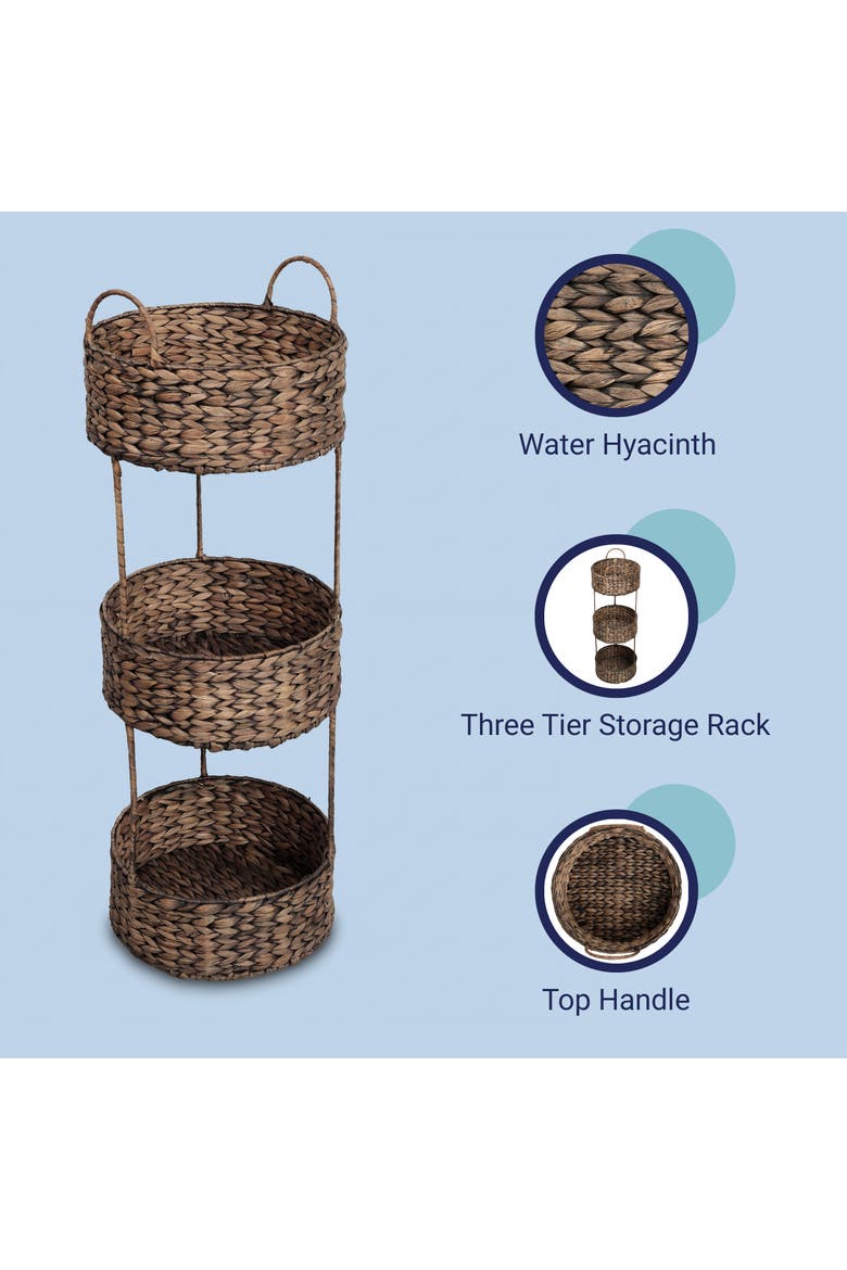 Levity Coastal Handwoven Water Hyacinth 3-Tier Round Freestanding Storage Rack with Metal Frame and Handles, Alternate, color, Brown