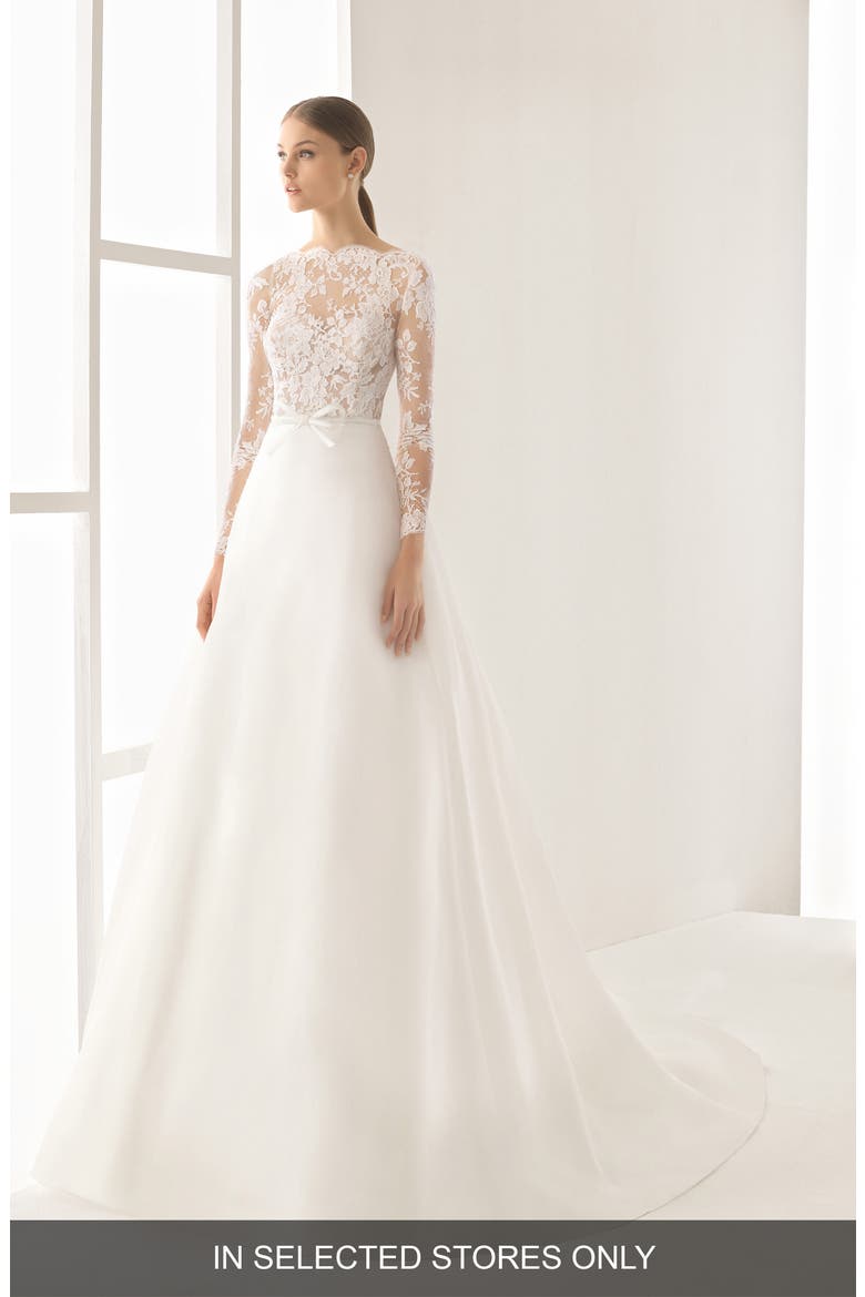 Rosa Clara Couture Nilo Lace Long Sleeve A-Line Gown, Main, color, IVORY