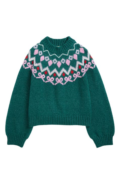 Heavy weight fashion 100% wool boho mock neck green fair isle unisex minimalist sweater