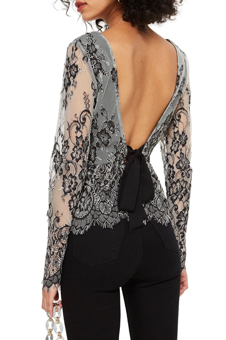 Tie Back Lace Peplum Top, Alternate, color, BLACK MULTI