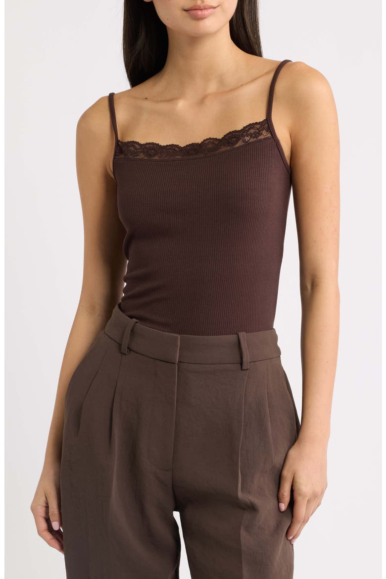 Blondi Lace Trim Ribbed Camisole, Main, color, BROWN