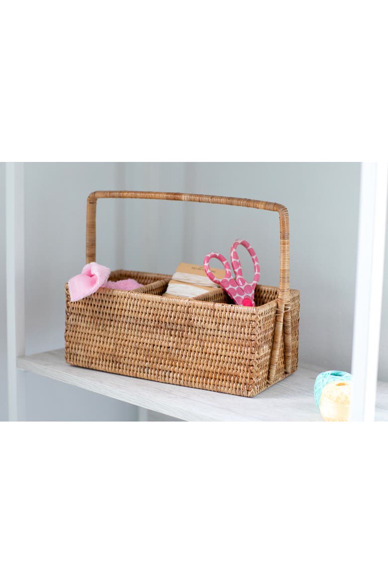 Rattan 3-Section Cutlery Caddy with Handle, Alternate, color, Honey Brown