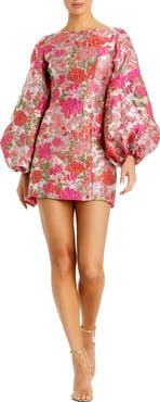 Mac Duggal Floral Balloon Sleeve Brocade Mini Dress