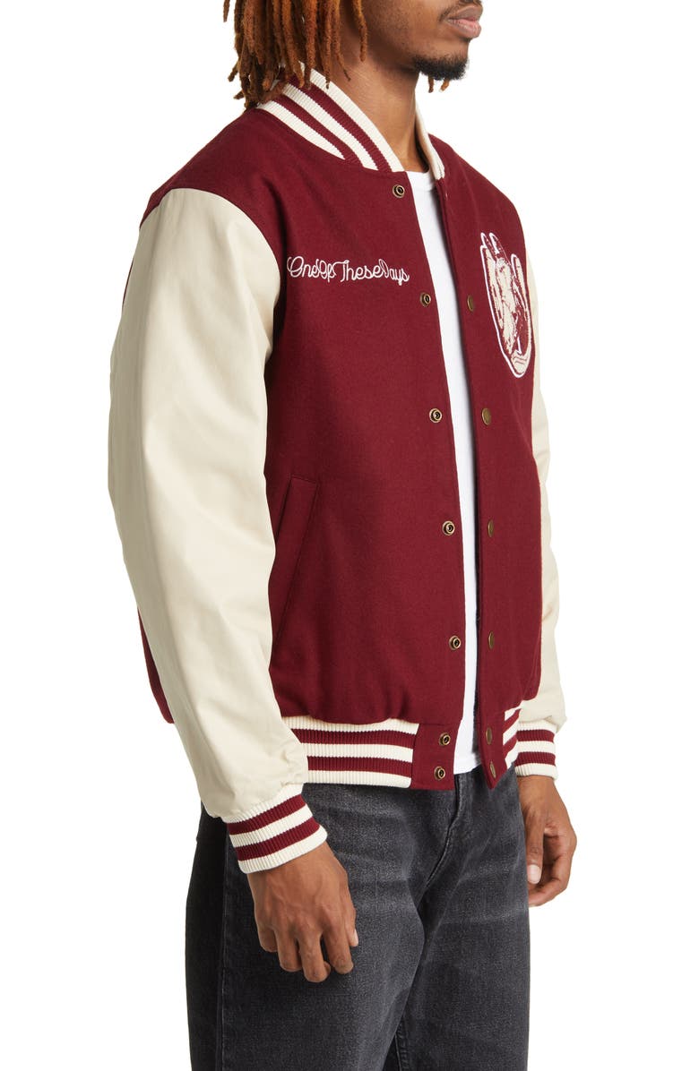 ONE OF THESE DAYS Horseshoe Cardinal Wool & Leather Varsity Bomber Jacket, Alternate, color,
