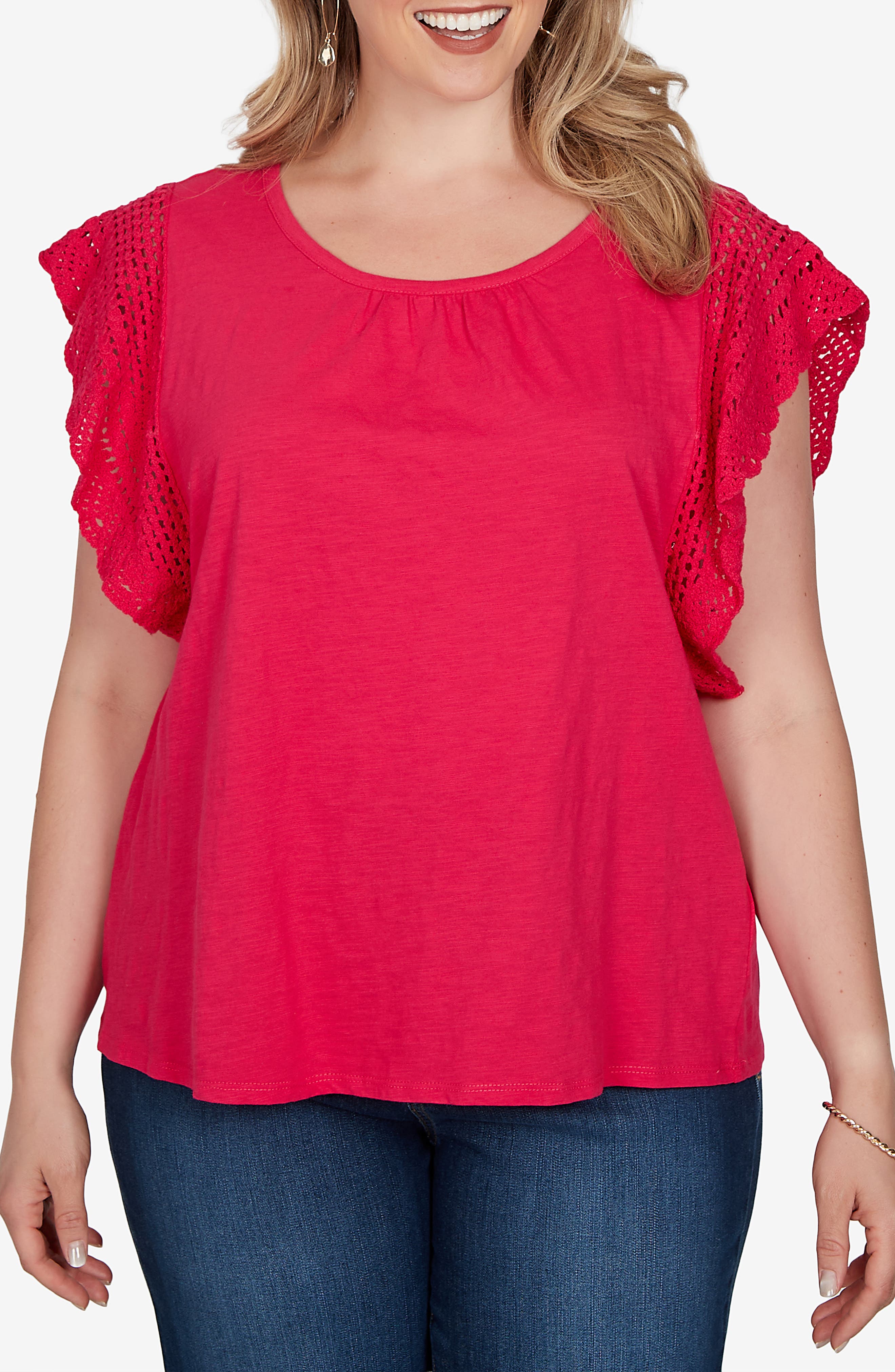 Cotton Slub T-Shirt with Crochet Sleeves