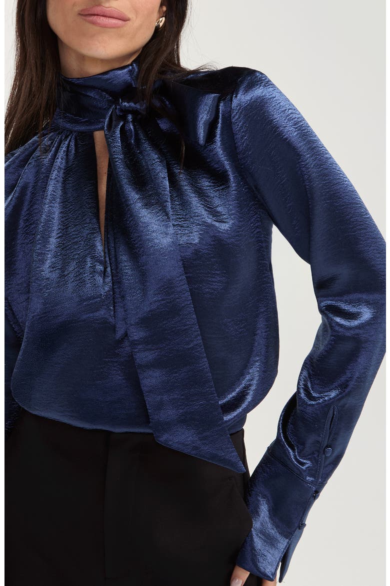 Tie Neck Textured Satin Top, Alternate, color, SAPPHRE METALLC