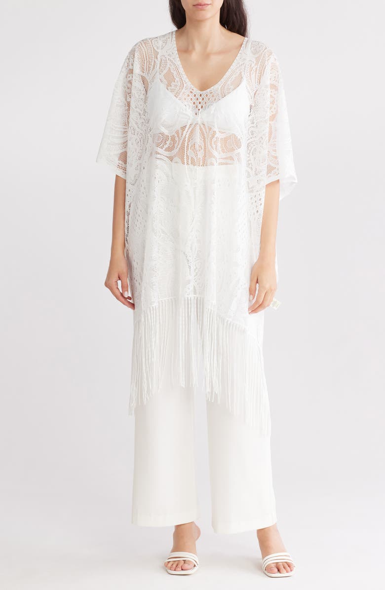 AREA STARS Fringe Hem Lace Poncho, Main, color, White