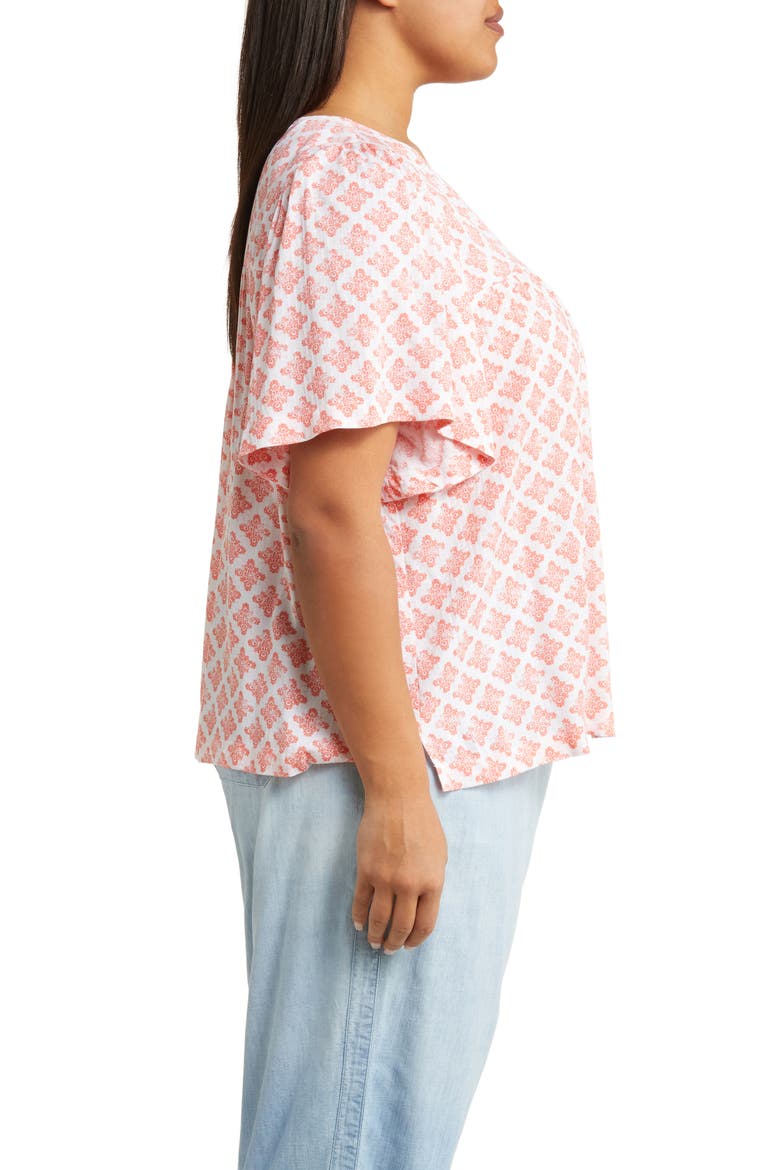 Print V-Neck Gauze Top, Alternate, color, WHITE- CORAL TILE GEO