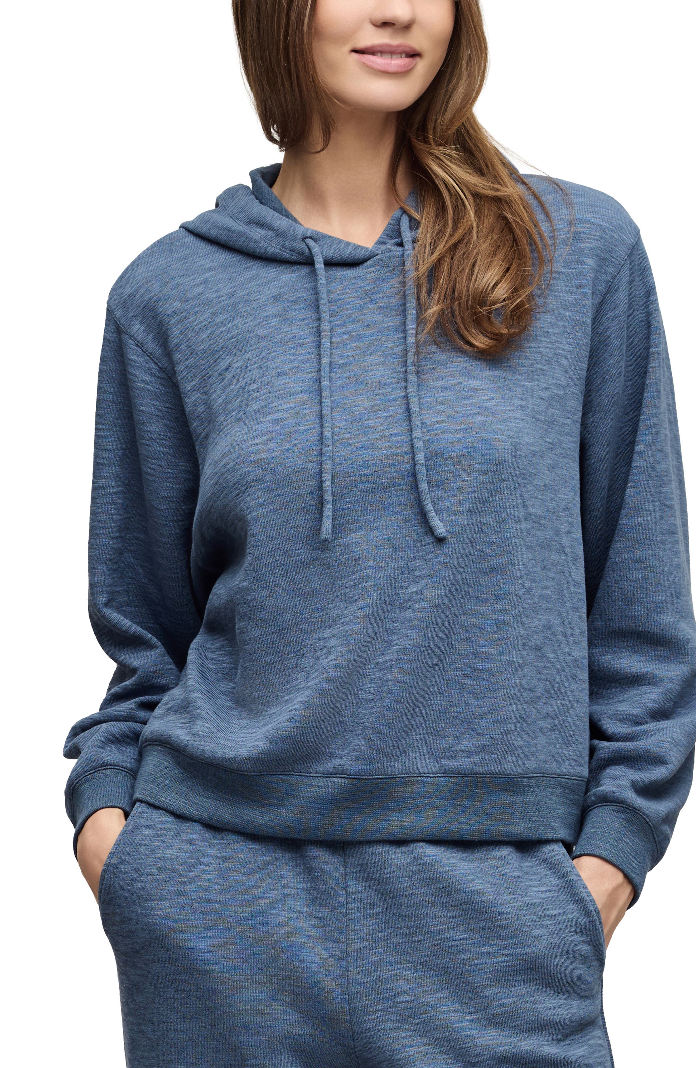 Barefoot Dreams Seamed Slub Cotton Blend Double Knit Hoodie In Blue