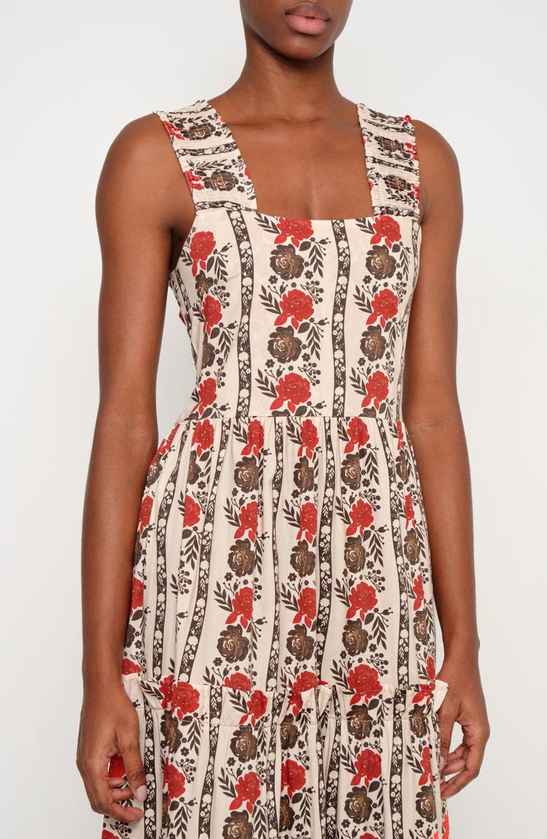 The Lulo Project New Sunset Floral Tiered Stretch Cotton Maxi Sundress, Alternate, color, Brown Laced In Bloom