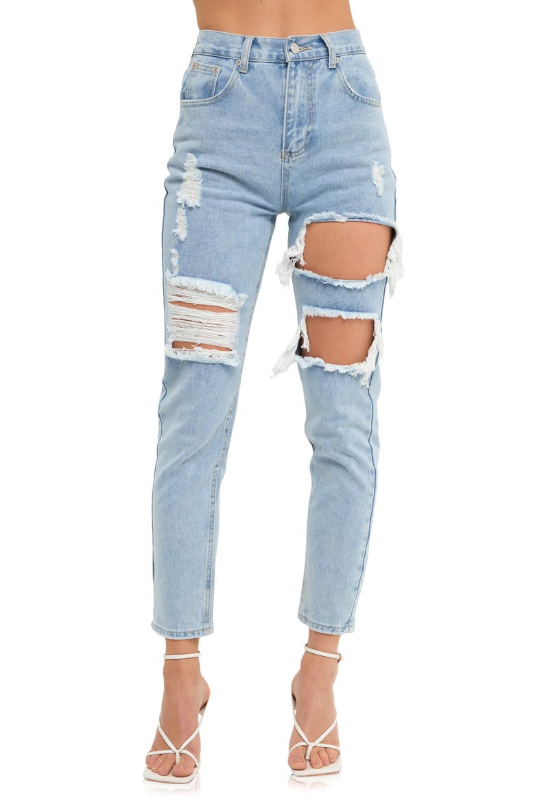 Cutout Ripped High Waist Slim Straight Leg Jeans, Alternate, color, DENIM