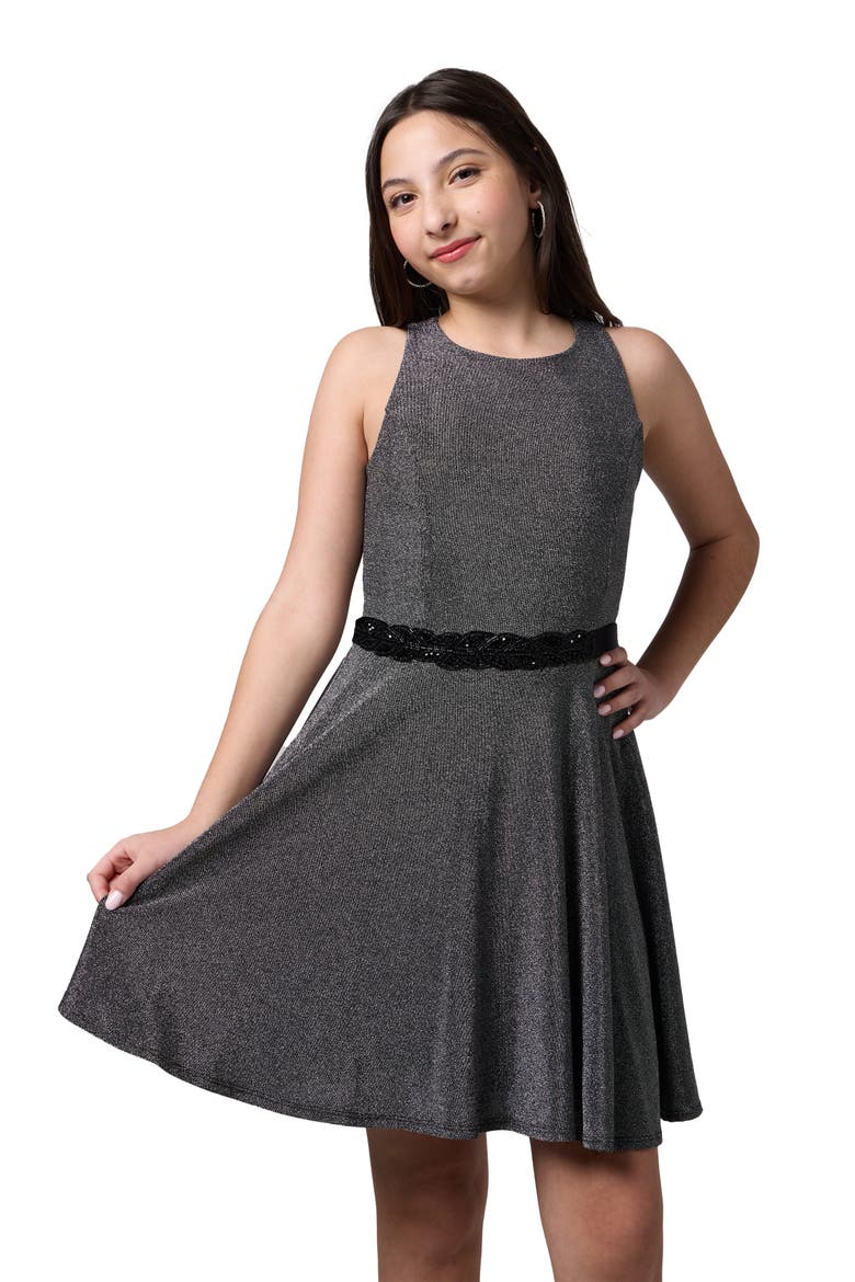 Glitter Stretch Racerback Dress with Belt, Main, color, Black