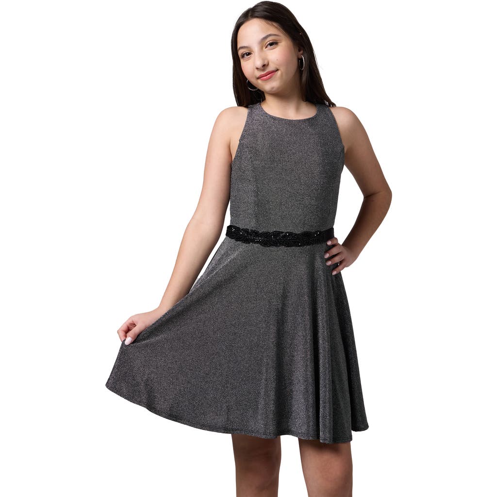 Un Deux Trois Glitter Stretch Racerback Dress With Belt In Blue