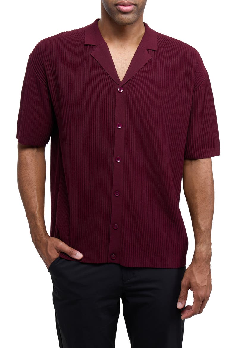 Ribbed Knit Camp Shirt, Main, color, BURGUNDY