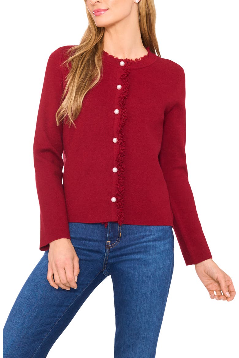 Fringe Trim Cardigan, Main, color, MULBERRY RED