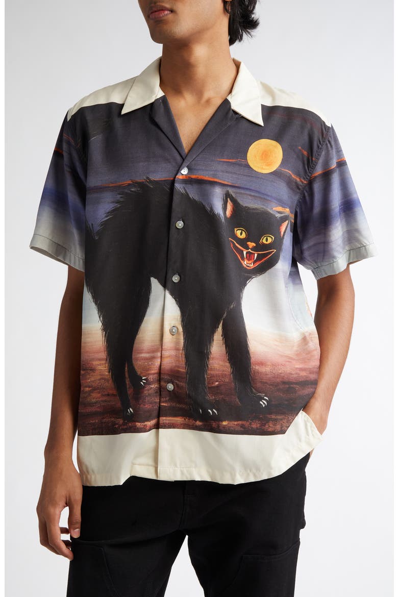 Cat Border Silk Crepe Button-Up Shirt, Main, color, IVORY MULTI