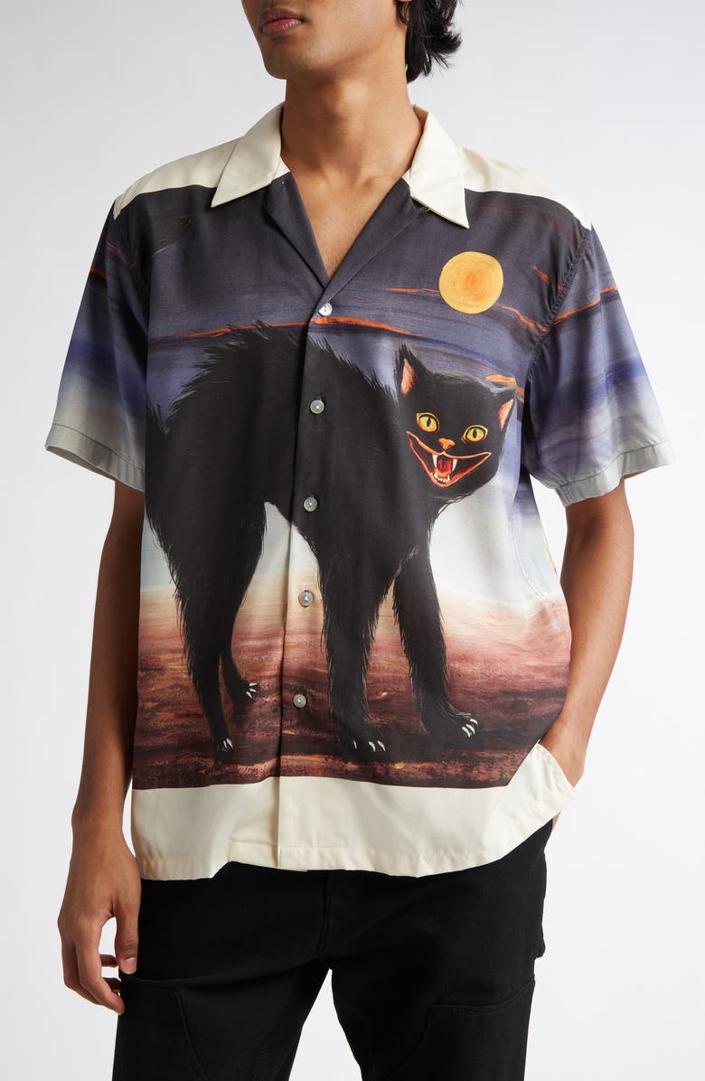 ENDLESS JOY Cat Border Silk Crepe Button-Up Shirt, Main, color, 