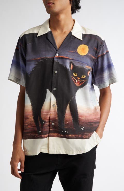Cat Border Silk Crepe Button-Up Shirt