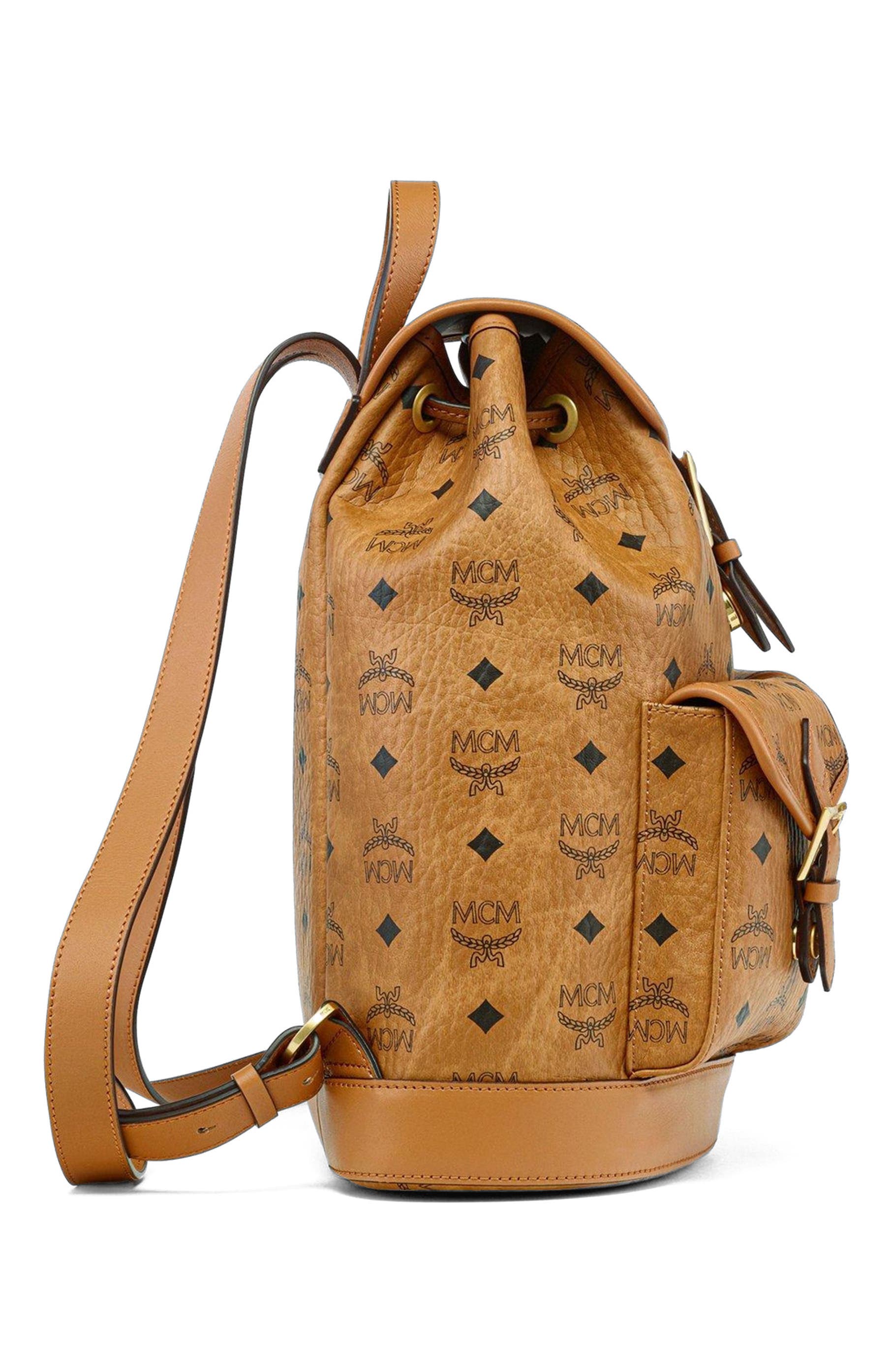 MCM Small Aren Drawstring Backpack in Visetos, Alternate, color, Brown