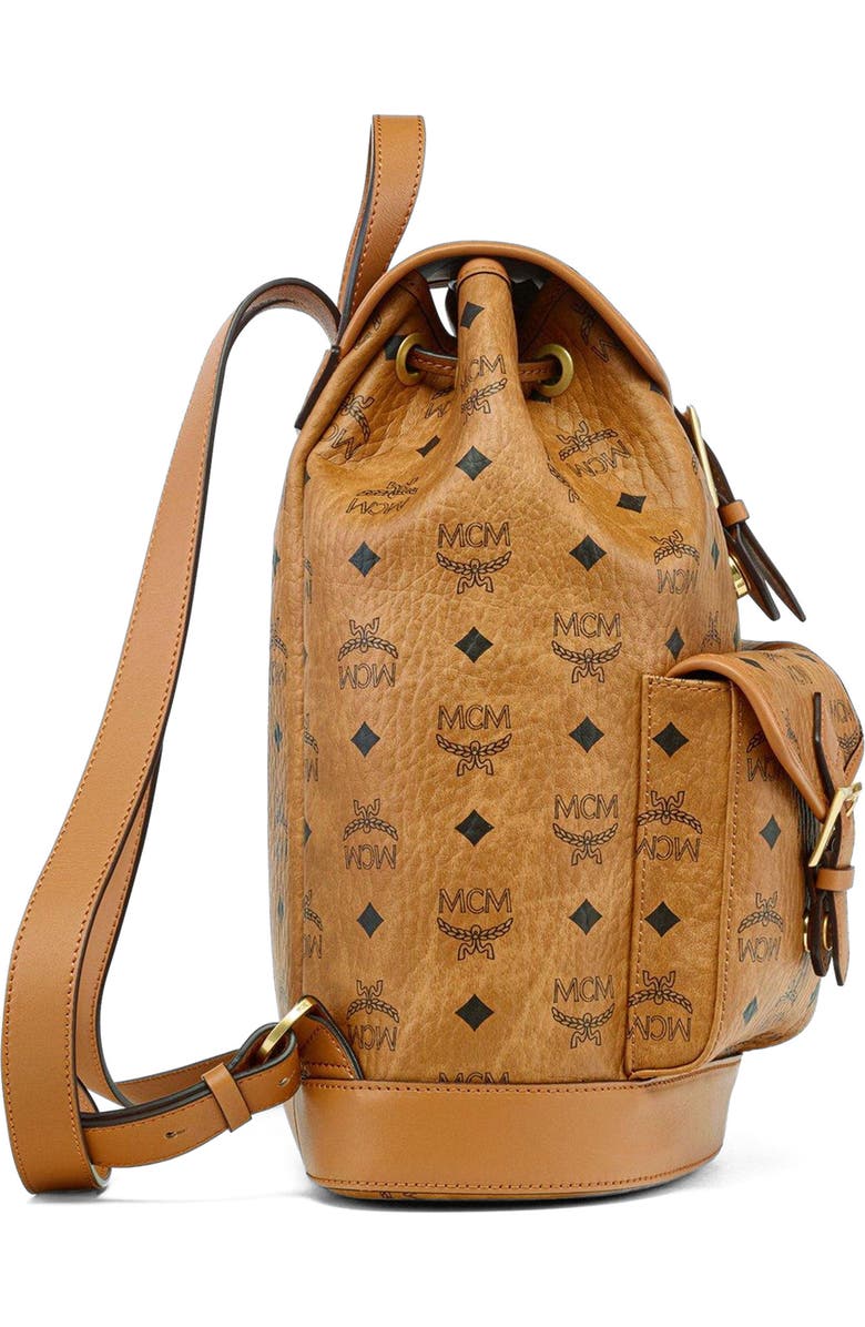 MCM Small Aren Drawstring Backpack in Visetos, Alternate, color, Brown