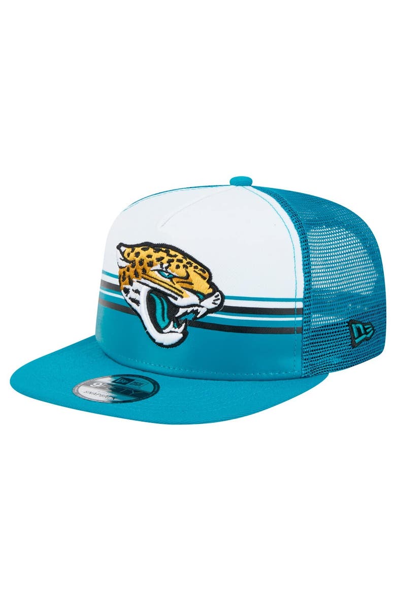 New Era Men's New Era White/Teal Jacksonville Jaguars Striped A-Frame 9FIFTY Trucker Snapback Hat, Main, color, 