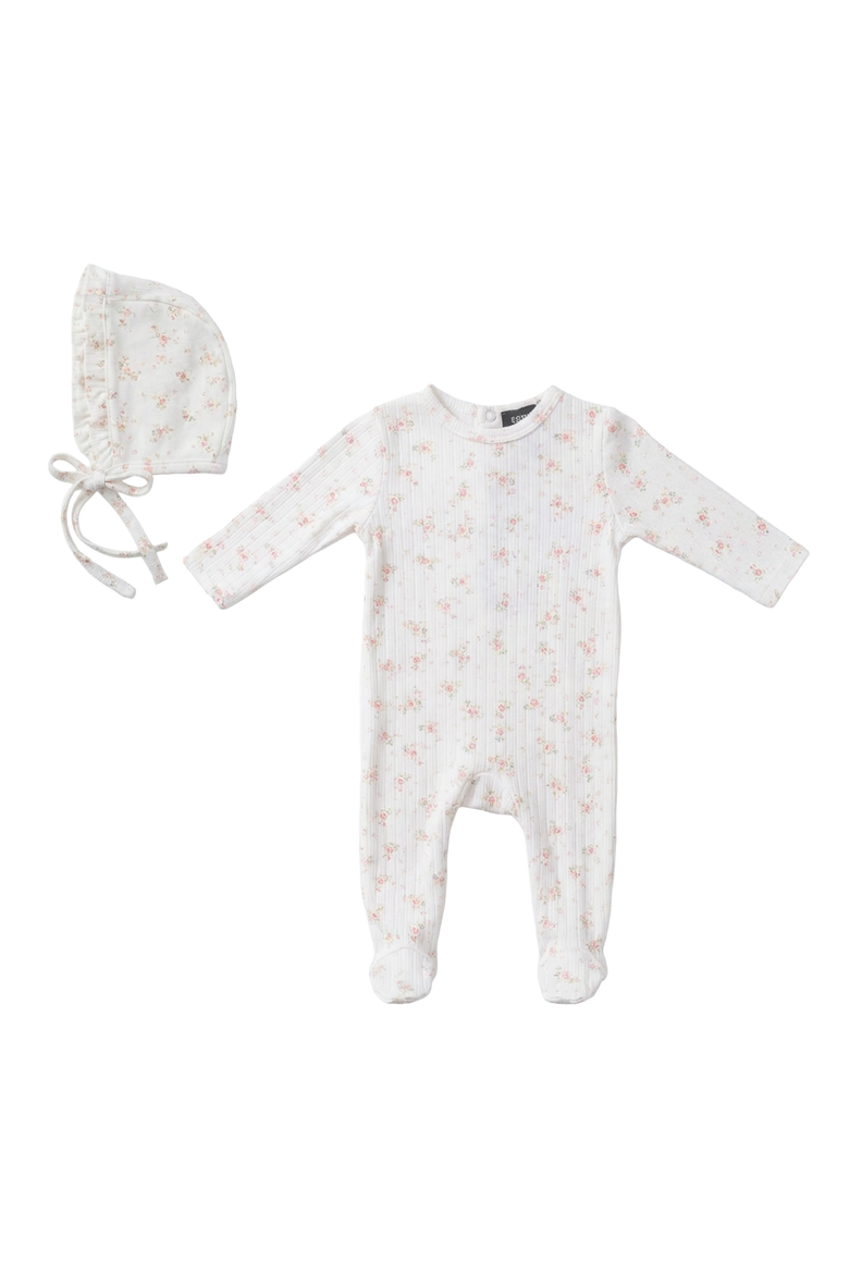 Floral Pointelle Romper with Bonnet, Main, color, White