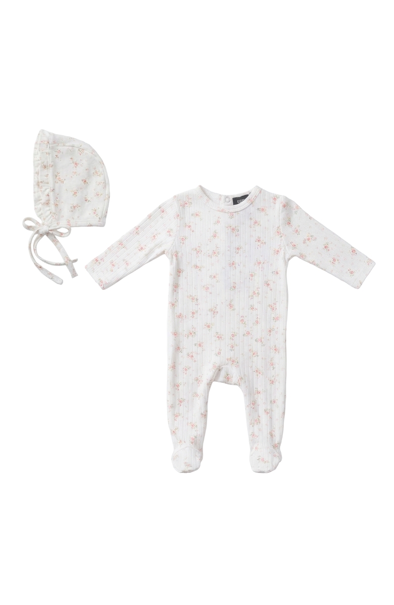 Space Grey Floral Pointelle Romper with Bonnet, Main, color, White