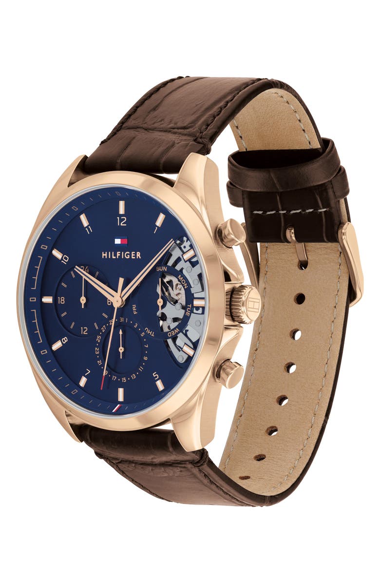 Tommy Hilfiger Baker Croc Embossed Leather Strap Watch, 43.5mm, Alternate, color, Blue