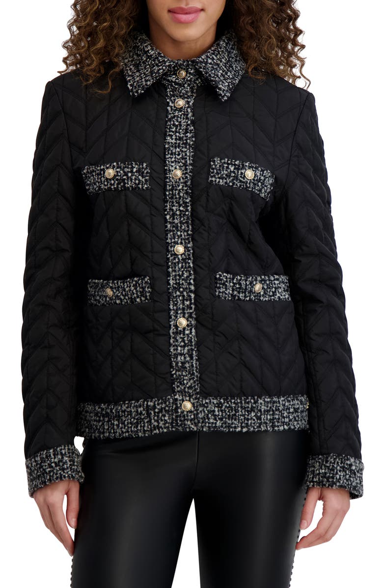 KARL LAGERFELD PARIS Tweed Trim Quilted Puffer Jacket, Main, color, 