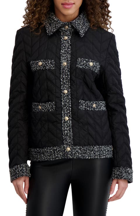 Tweed Trim Quilted Puffer Jacket