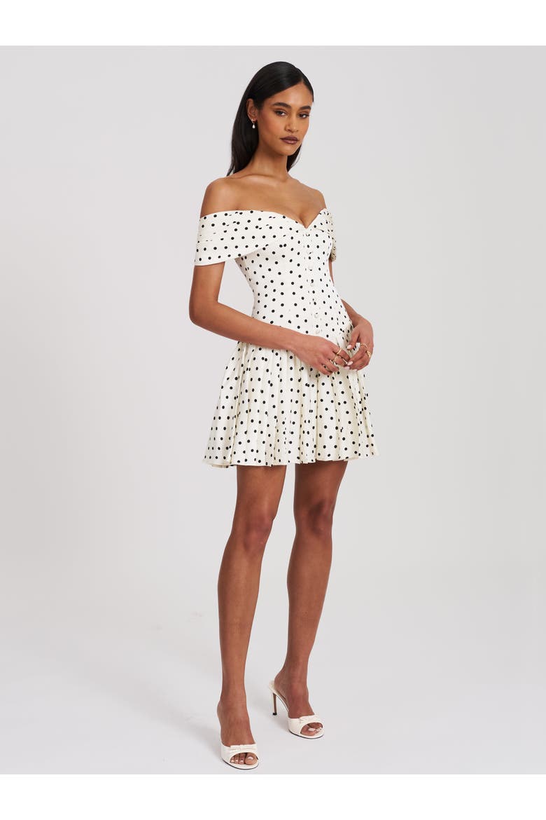 Edeline Polka Dot Off-shoulder Pleated Mini Dress, Alternate, color, White