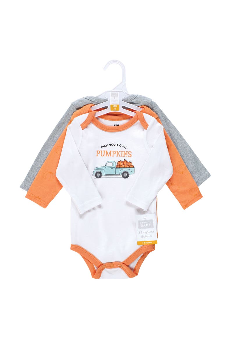 Cotton Long-Sleeve Bodysuit Three-Piece Set, Alternate, color, Pumpkin Truck