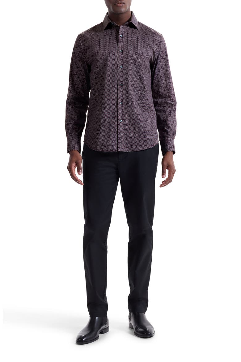 Axel Trim Fit Geo Print Stretch Cotton Button-Up Shirt, Alternate, color, BURGUNDY
