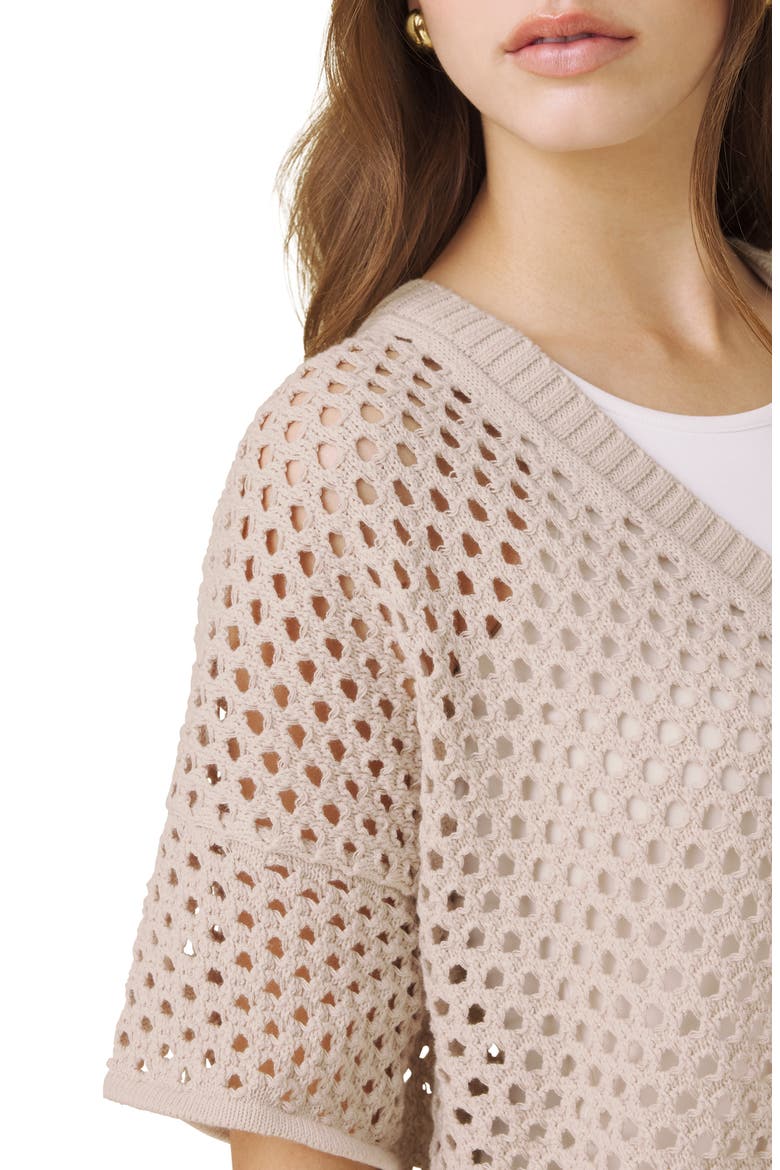 Nova Short Sleeve Cotton Pointelle Cardigan, Alternate, color, LIGHT FAWN BEIGE
