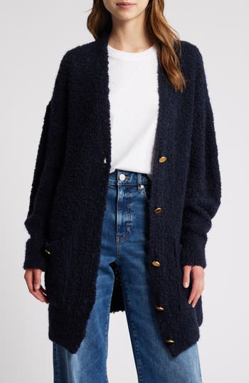 Frame Boucle Boyfriend Cardigan In Navy In Blue