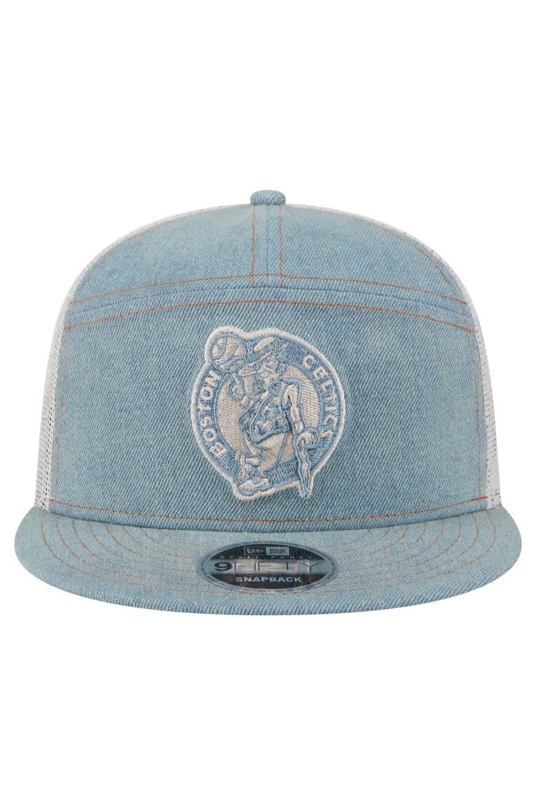 Men's New Era Boston Celtics Adventure Denim Split Panel 9FIFTY Snapback Trucker Hat, Alternate, color, Denim