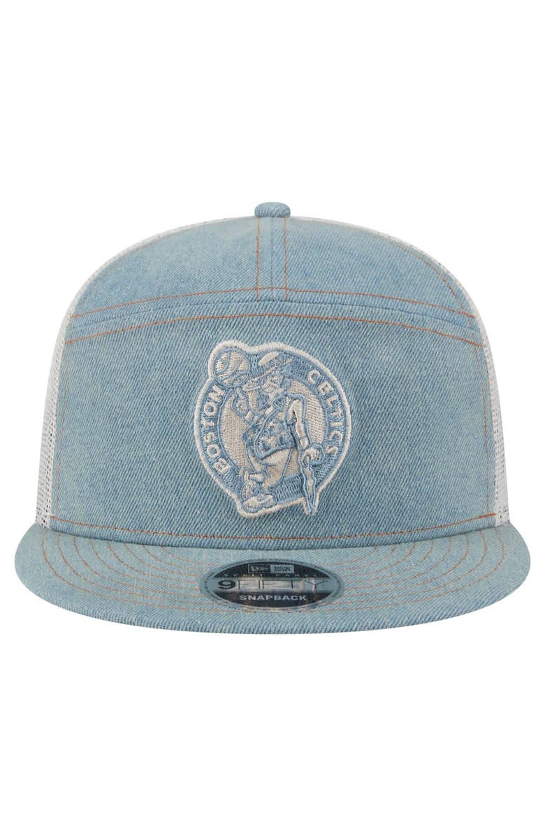 New Era Men's New Era Boston Celtics Adventure Denim Split Panel 9FIFTY Snapback Trucker Hat, Alternate, color, Denim