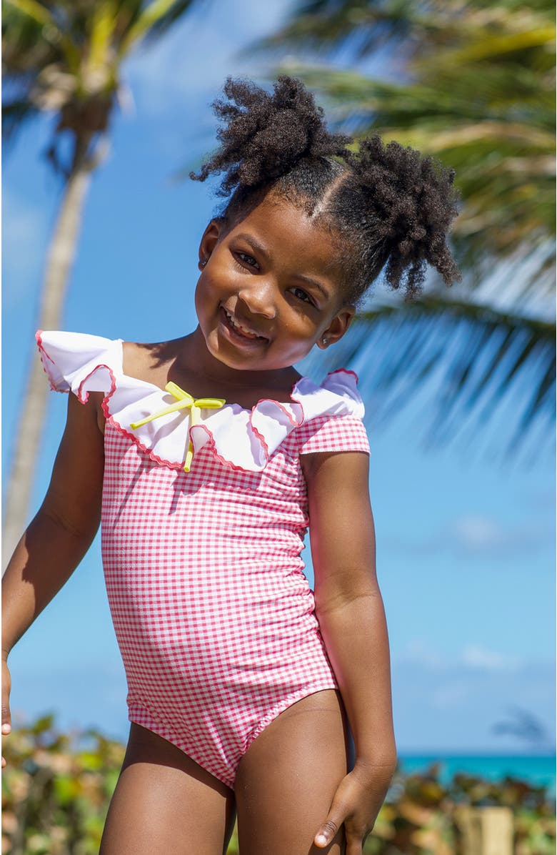 NESSI BYRD Off-Shoulder Gingham Ruffled with Bow One-Piece Swimsuit, Alternate, color, White-Red