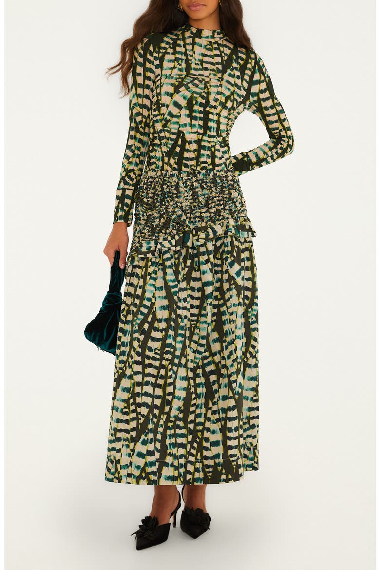 Striped Leaves Smocked Long Sleeve Top, Main, color, STRIPED LEAVES MOSS