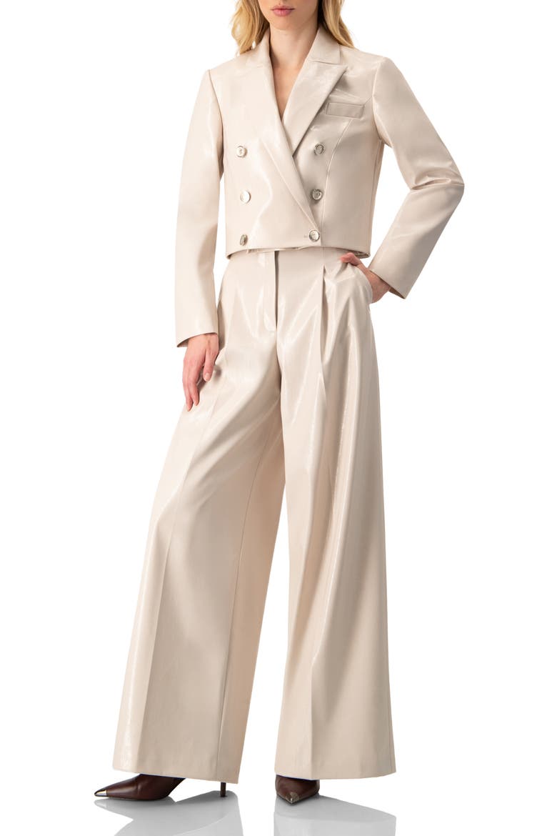 Faun-Leather Double-Breasted Short Blazer, Alternate, color, Ivory