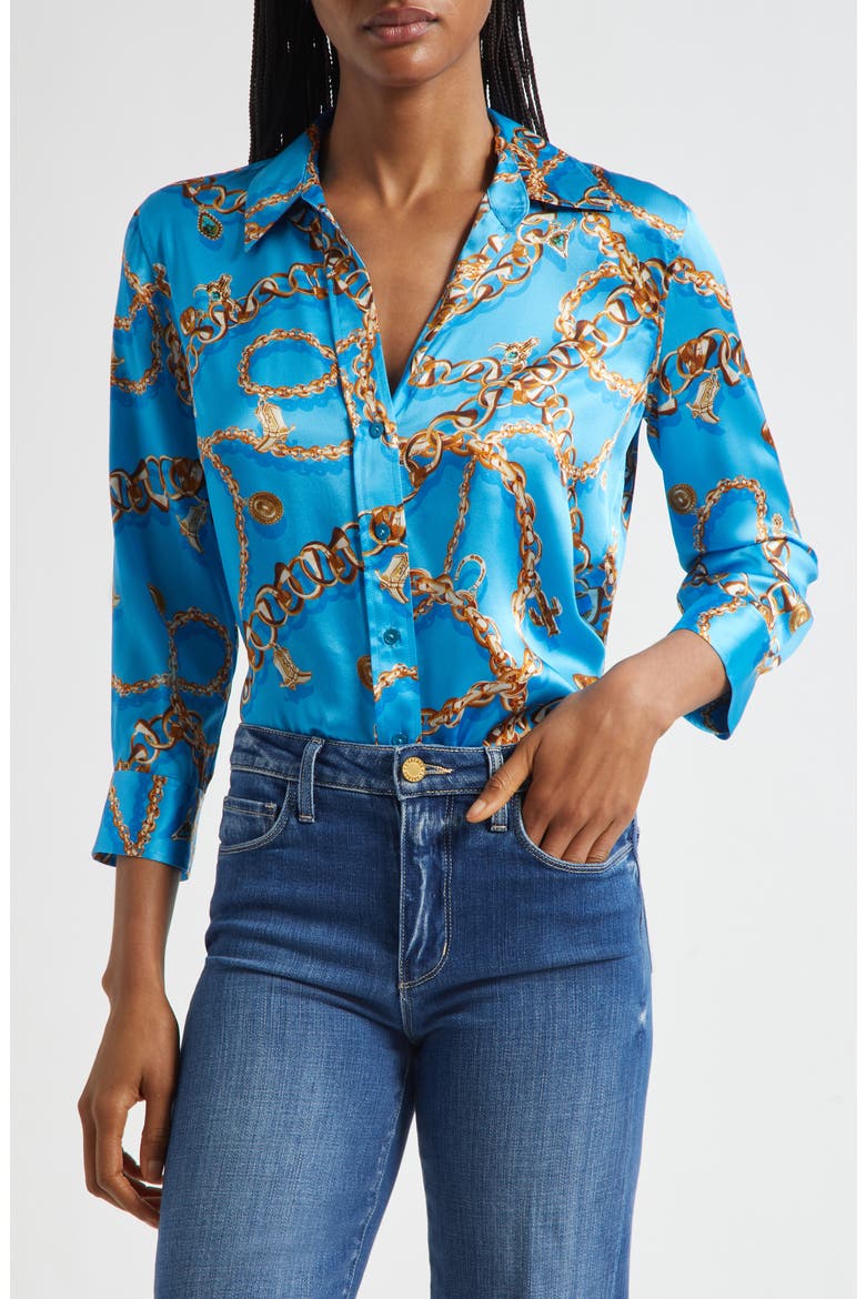 Dani Chain Print Three-Quarter Sleeve Silk Button-Up Shirt, Main, color, DRESDEN BLUE/ GOLD CHAIN