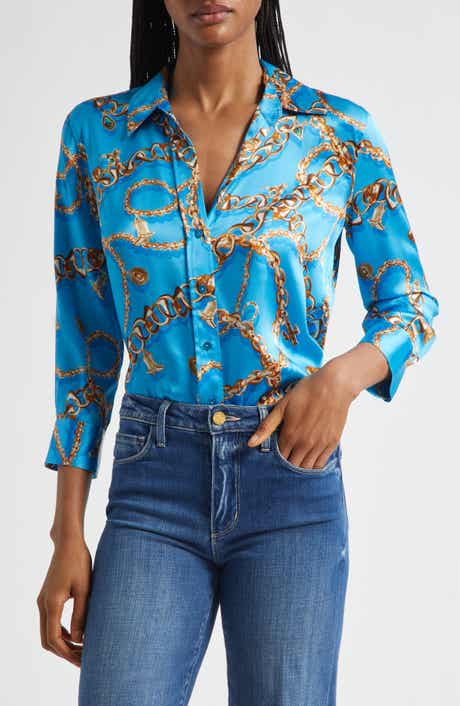 Dani Chain Print Three-Quarter Sleeve Silk Button-Up Shirt
