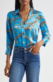 L'AGENCE Dani Chain Print Three-Quarter Sleeve Silk Button-Up Shirt