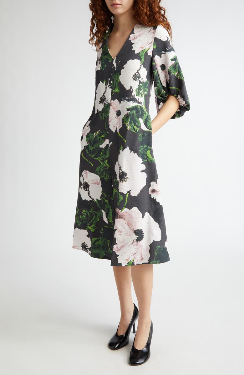 Stine Goya Floral Print Puff Sleeve Midi Dress, Main, color, Umber Windflower