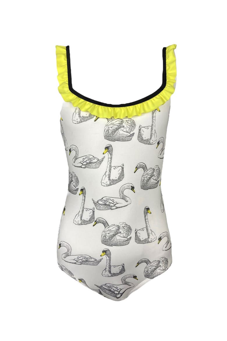 Kids' Swan Print Ruffle One-Piece Swimsuit, Main, color, White
