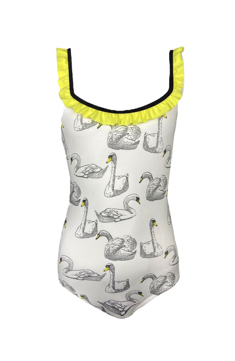 NESSI BYRD Kids' Swan Print Ruffle One-Piece Swimsuit, Main, color, White