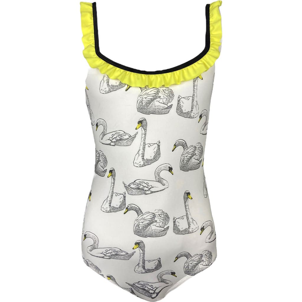 Nessi Byrd Kids' Swan Print Ruffle One-piece Swimsuit