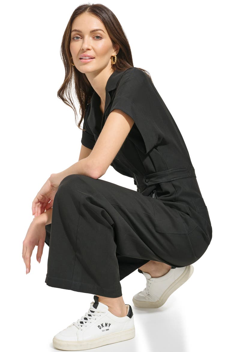 Front Zip Twill Jumpsuit, Alternate, color, BLACK