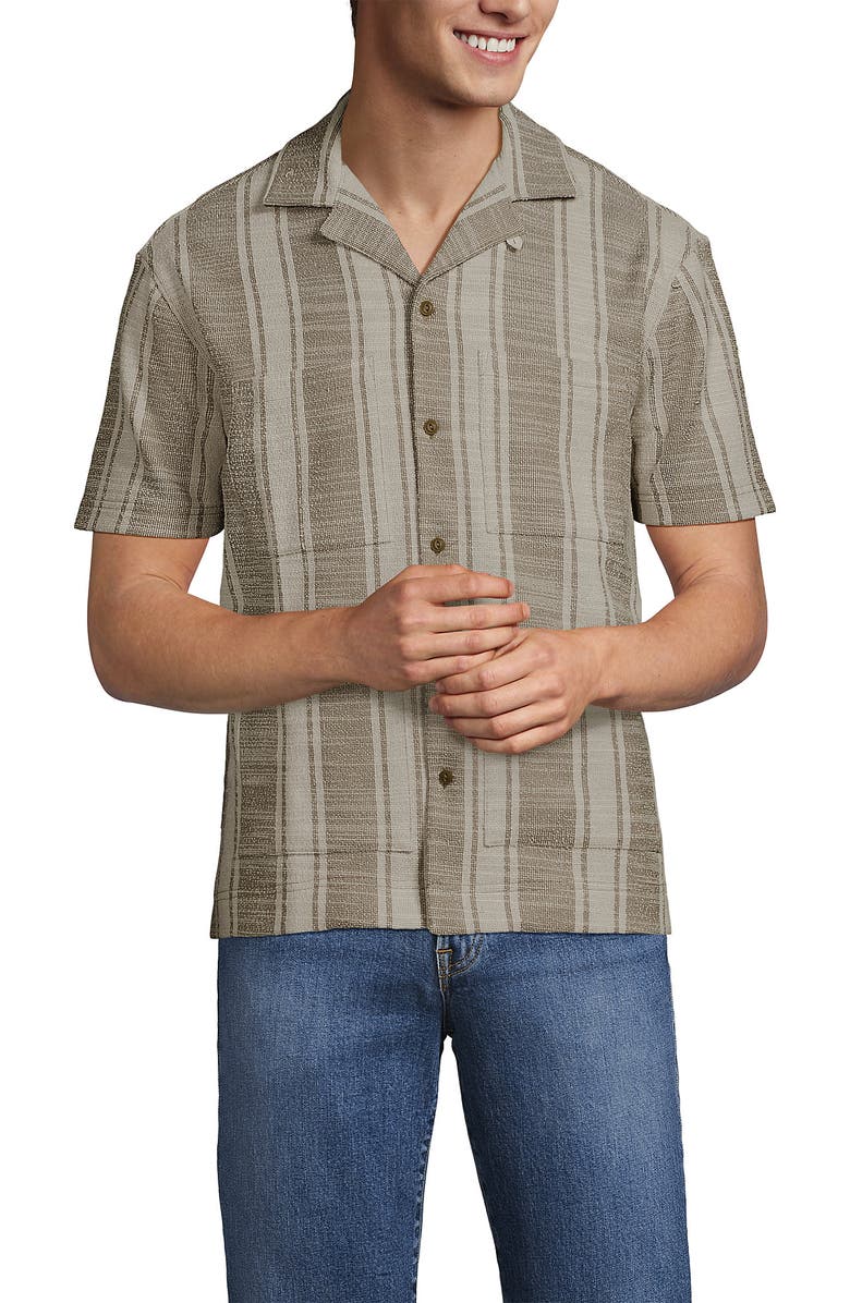 Lands' End Short Sleeve Textured Jacquard Camp Collar Shirt - Set Top, Alternate, color, Toasted Rye Stripe