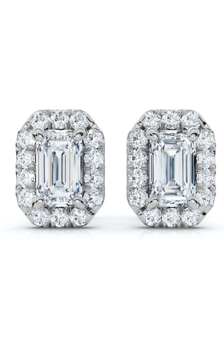 3/4 Ct Emerald Moissanite & Lab Grown Diamond Halo Studs 14k Gold Earrings, Main, color, 14k White Gold
